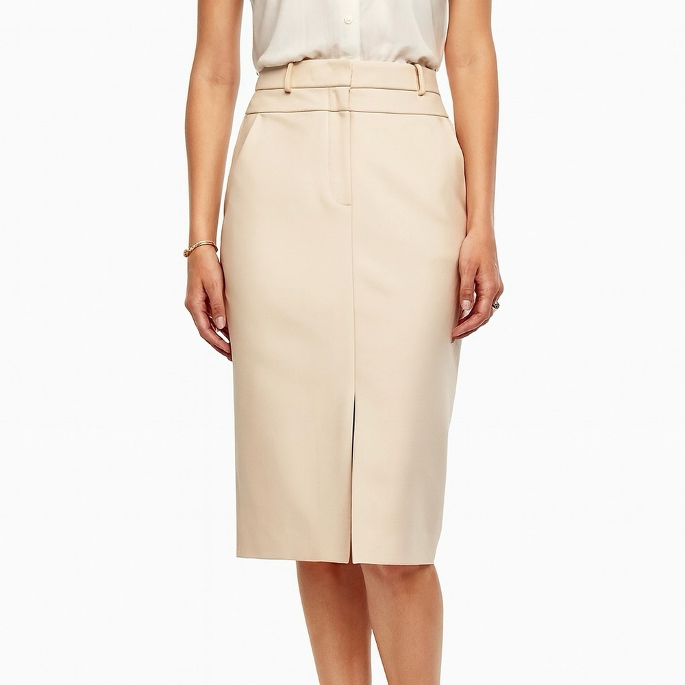 [5x$25] ⭐️ Ann Taylor Petite Pencil Skirt 10P Khaki Belted Cotton Blend Tan